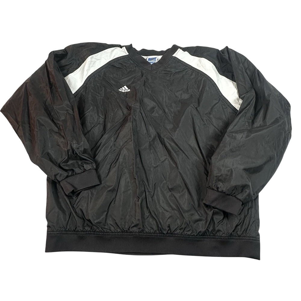 Adidas Track Shirt Mens XL Black Nylon V-Neck Long Sleeve Pullon Warmup Top‎
